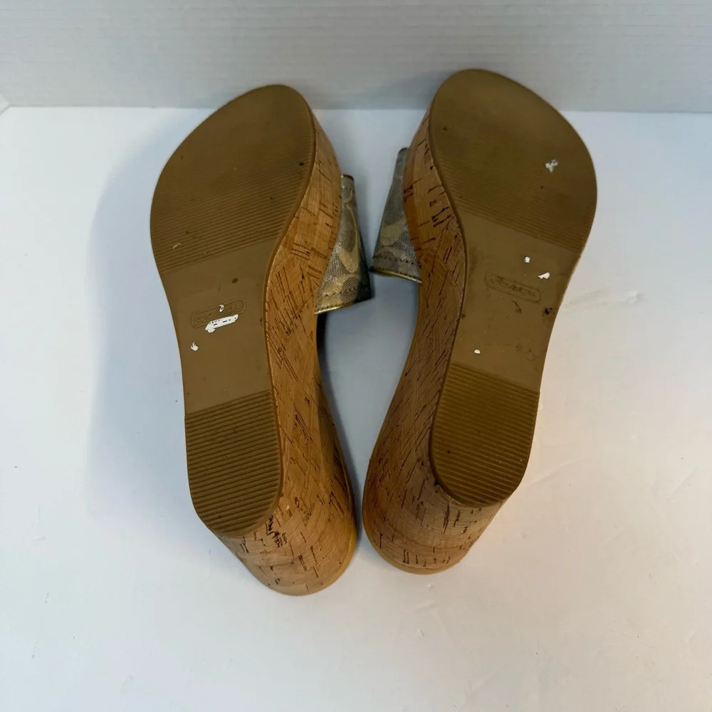 Coach Signature Gold Metallic‎ Cork Wedge Slides – Women’s size 9.5B